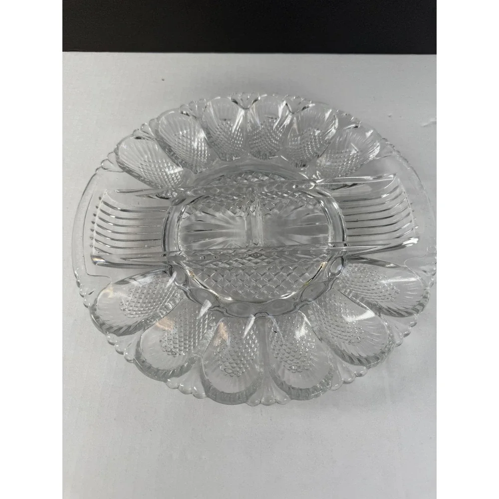 Vintage Clear Pressed Glass Deviled Egg Platter Sunburst Serving Tray